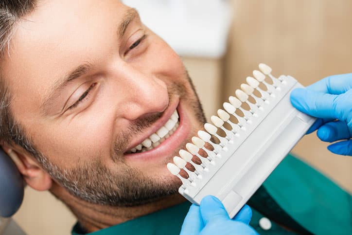 Man in dental chair with teeth coloring chart.